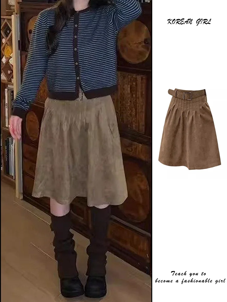 

Уникальная винтажная юбка из замши цвета хаки, женская юбка А-силуэта с высокой талией, повседневная, на весну-осень, новинка