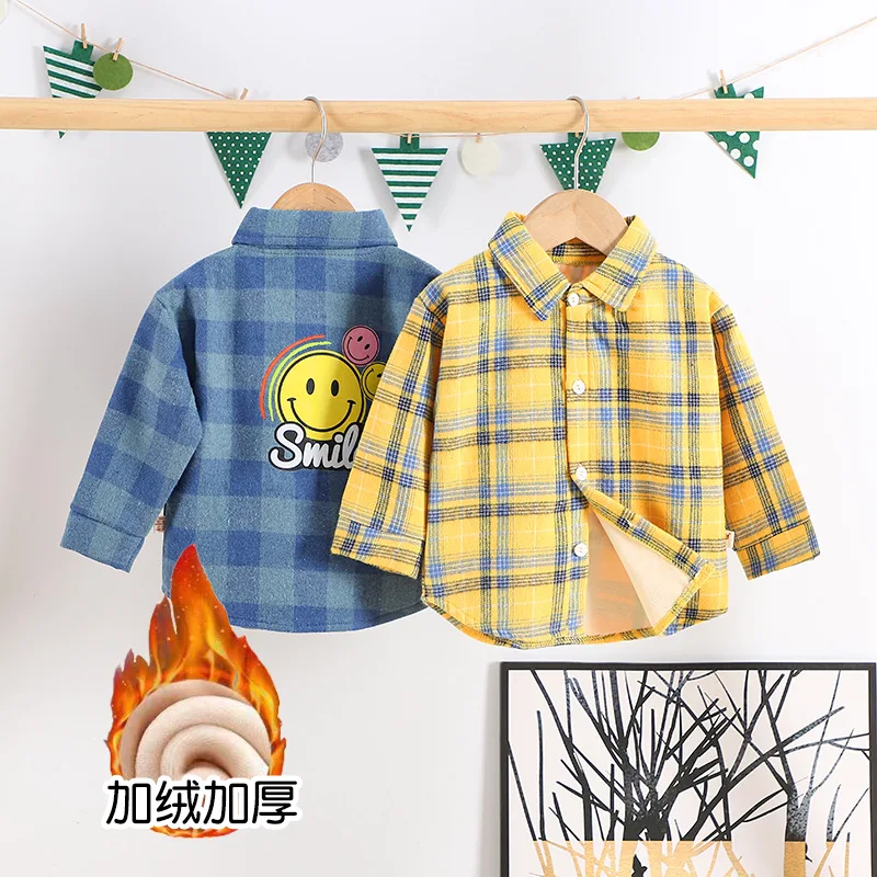 Winter Fleece Warm Baby Boys Shirts Plaid Korean Children\'s Shirt Jacket Designer Boys Tees Kid Blouses And Shirts Boy Clothes