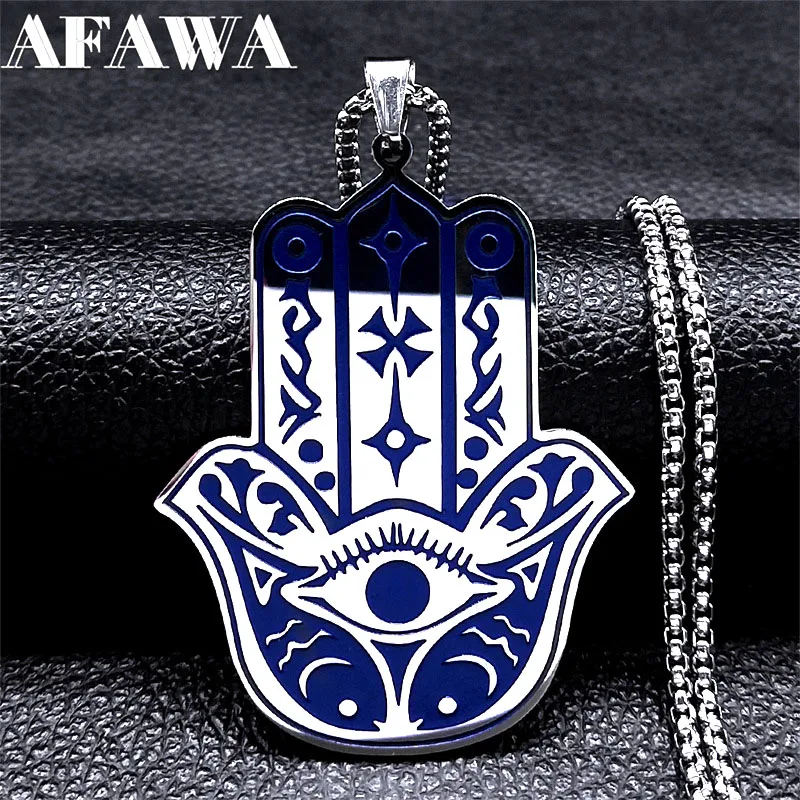 Hand of Fatima Hamsa Necklace for Women Men Stainless Steel Blue Color Turkey Eye Fish Big Pendant Necklace Jewelry collier