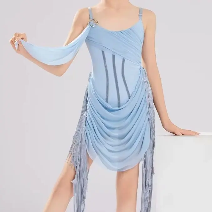 Children's Latin Dance Dress with Hollow Out Backless Mesh and Tassel Dancing Dresses for Practice Performance Costume