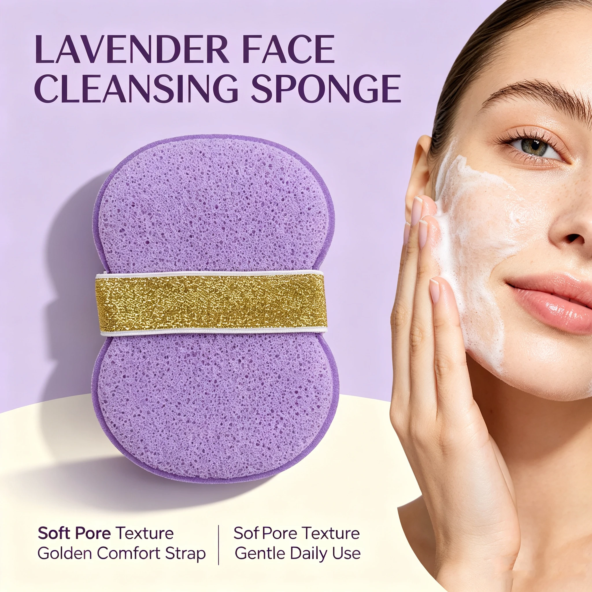 Facial cleansing sponge with strap: generates rich lather, gently cleanses pores, removes makeup and cleanses skin.