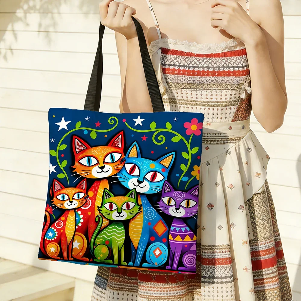 1pc Colorful Folk Art Cats Canvas Tote Bag – Vibrant Mexican Otomi Style Cat Family Print, Eco-Friendly Bohemian Shoulder Bag fo