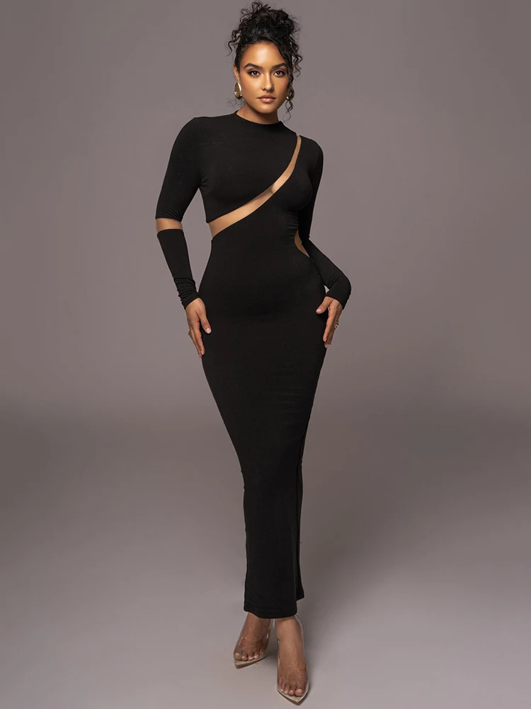 Mozision Turtleneck Long Sleeve Bodycon Maxi Dress For Women Autumn New Patchwork Hollow Out Club Party Sexy Long Dress Vestidos
