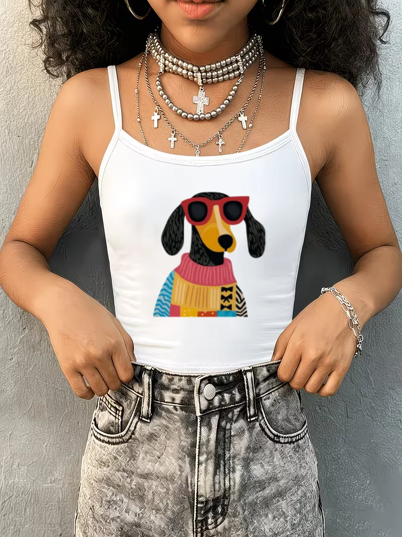 Y2K Aesthetic Women Spaghetti Strap Camisole Vintage Dachshund Print Slim Sleeveless Tank Top Summer Daily Casual Vest
