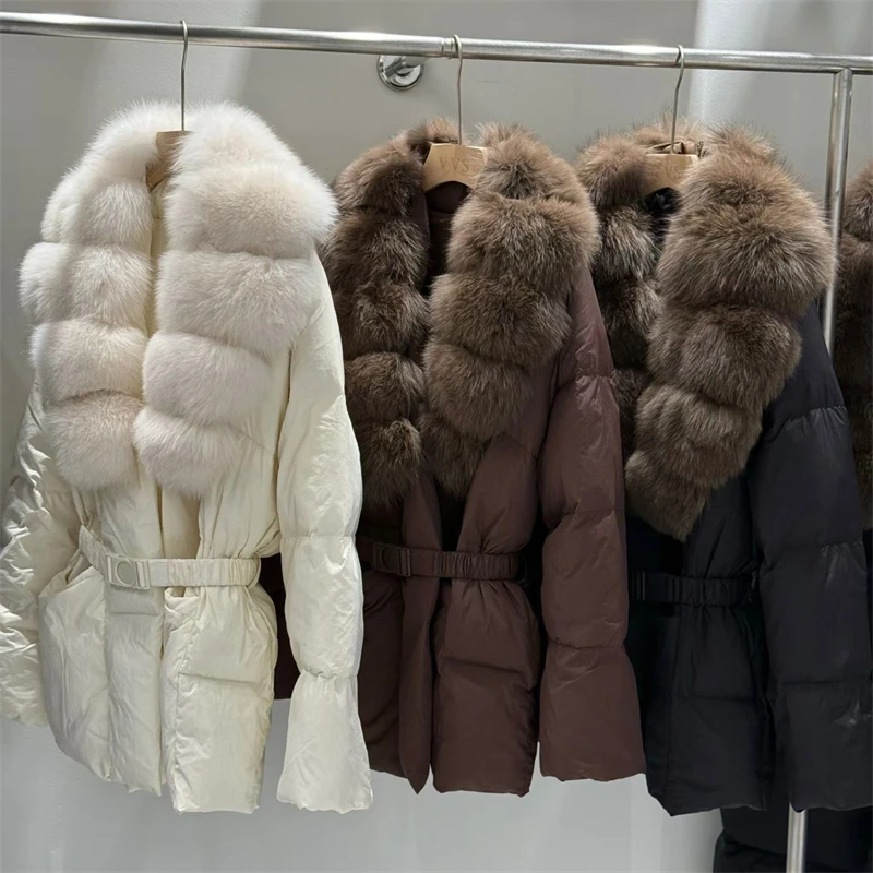 High-Quality Winter Women's Fox Fur Collar Waist-Cinching Puffer Jacket Y2K Stylish Casual Thick Warm Coat 2025