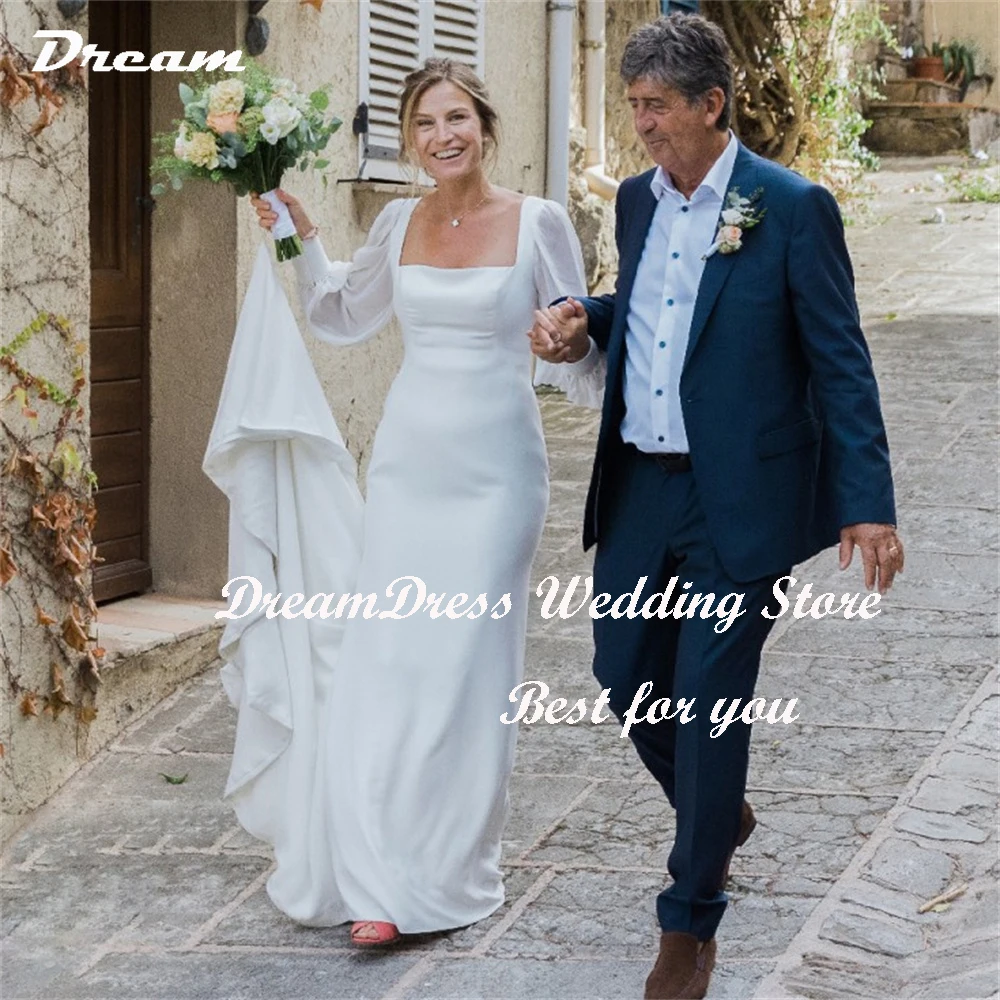 DREAM-vestidos De novia De sirena sencillos personalizados, cuello cuadrado, mangas largas abombadas, vestidos De novia lisos, Vestido De novia con tren De barrido