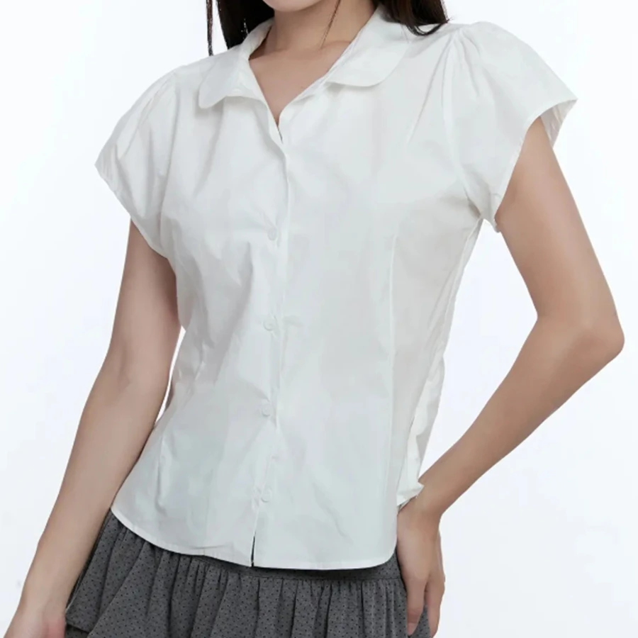 Y2K 셔츠 여성용 버튼 다운 셔츠 캐주얼 슬림핏 스타일리시한 솔리드 컬러 턴다운 칼라 반소매 탑 여름용