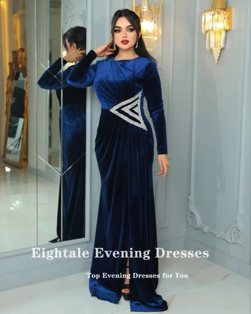 Eightale vestido de noche de terciopelo para fiesta de boda cuello redondo con cuentas azul oscuro mangas largas sirena árabe vestidos de graduación personalizados