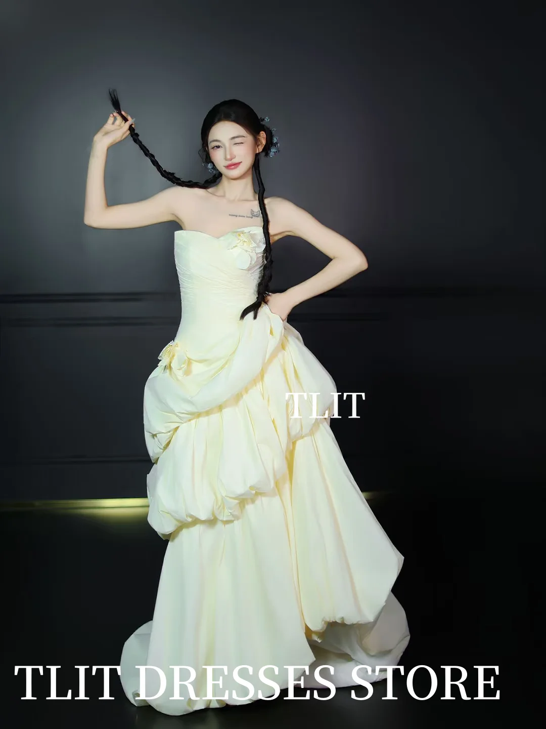 TLIT Elegante abito da sposa in raso con fiori giallo chiaro senza spalline a strati abito da ballo abito da sposa coreano foto riprese personalizzate