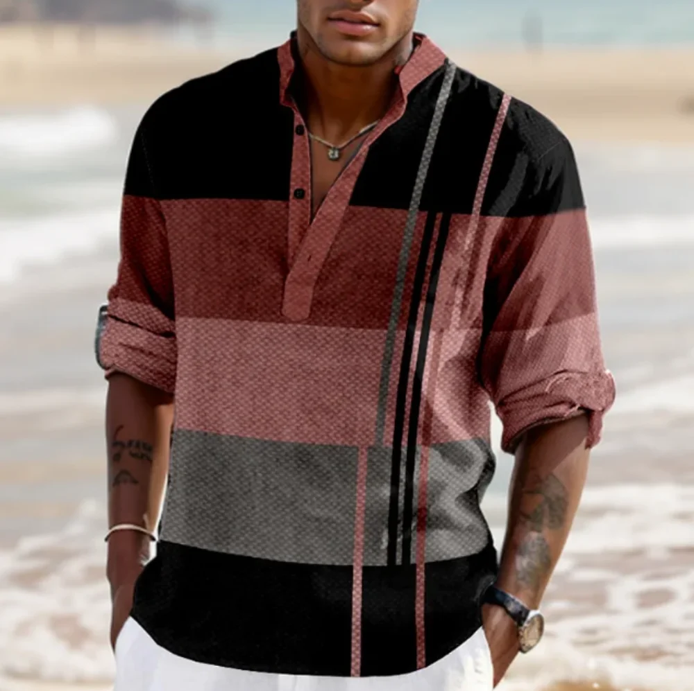 New Men\'s Shirt Street-Striped Stand Collar Matching Color Pullover Long-Sleeved Spring And Autumn Tops