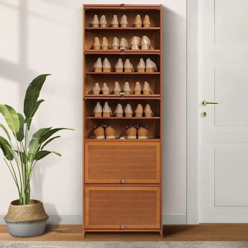 Armoire à chaussures en bambou avec porte, grande armoire de rangement, chaussures autoportantes à 10 niveaux, talons hauts, rencontre T1 pour 26 à 30 paires, marron