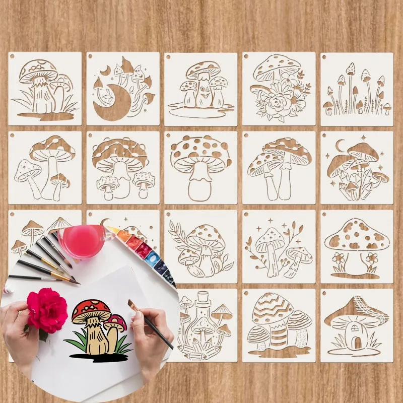 20pcs Mushroom Theme Pattern Painting Template PET Hollow Out DIY Hand-painted Graffiti Painting Template