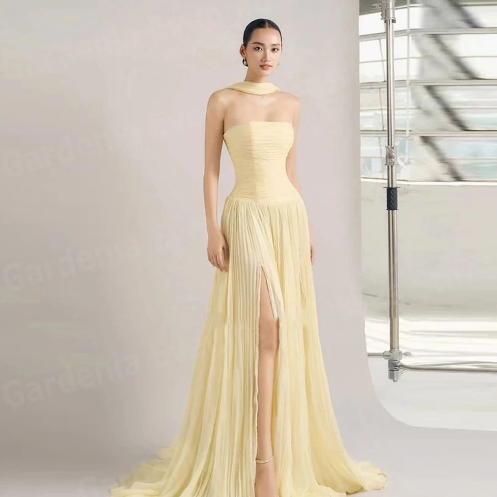 

Simple A Line Women's Evening Dresses Strapless Backless Prom Gowns Customized Side Slit Sleeveless Vestidos De Fiesta Elegantes