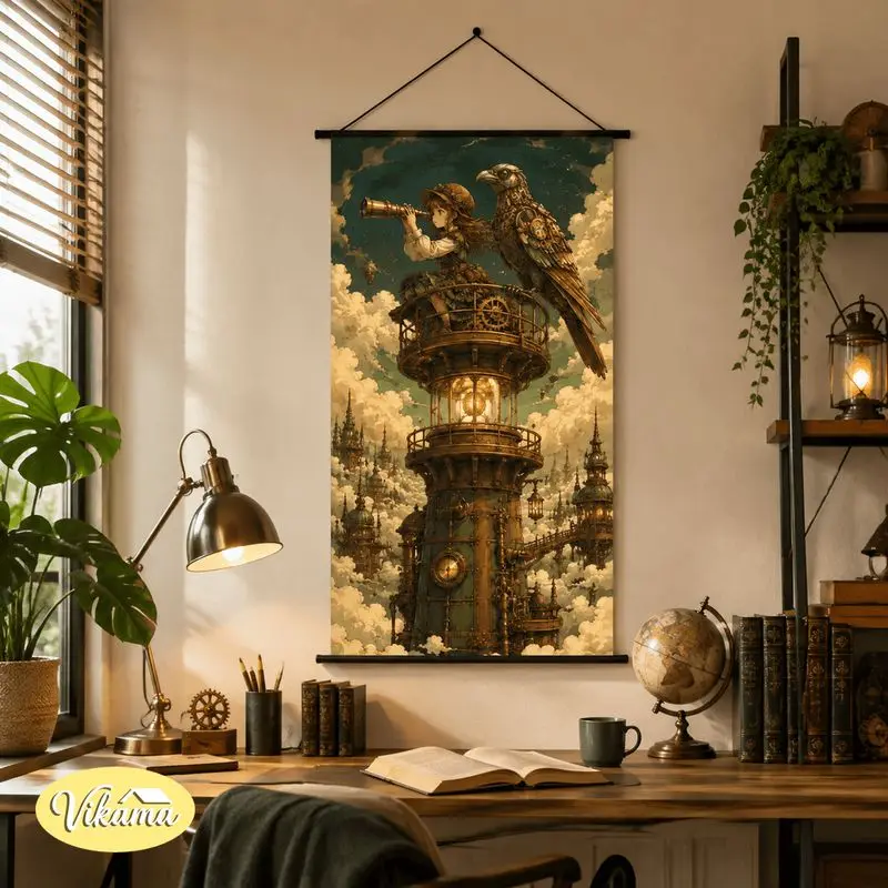 VIKAMA Steampunk Anime Girl Airship Tapestry Cloud Forest Gear Adventure Art Wall Hanging Bedroom Aesthetic Home Decor