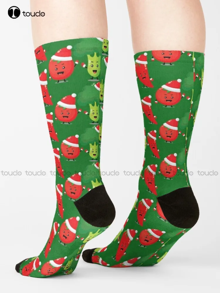 Vegan Merry Xmas Cute Vegetarian Characters Socks Red White And Blue Socks Cartoon Comfortable Best Girls Sports Custom Gift