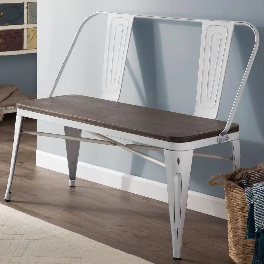 

Металлическая обеденная скамья в индустриальном стиле на 3 человек со съемной спинкой, 42 белых деревянных сиденья