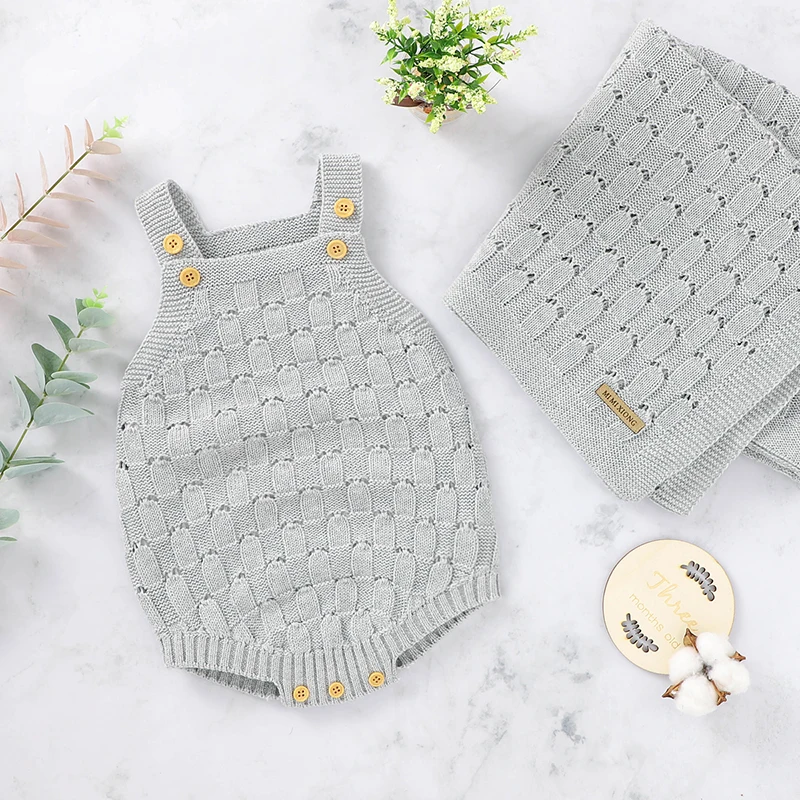 

Baby Bodysuit +Blanket 100%Cotton Knit Newborn Girl Boy Clothing Set Fashion Hollow Infant Sleeveless Jumpsuit Vest + Soft Quilt