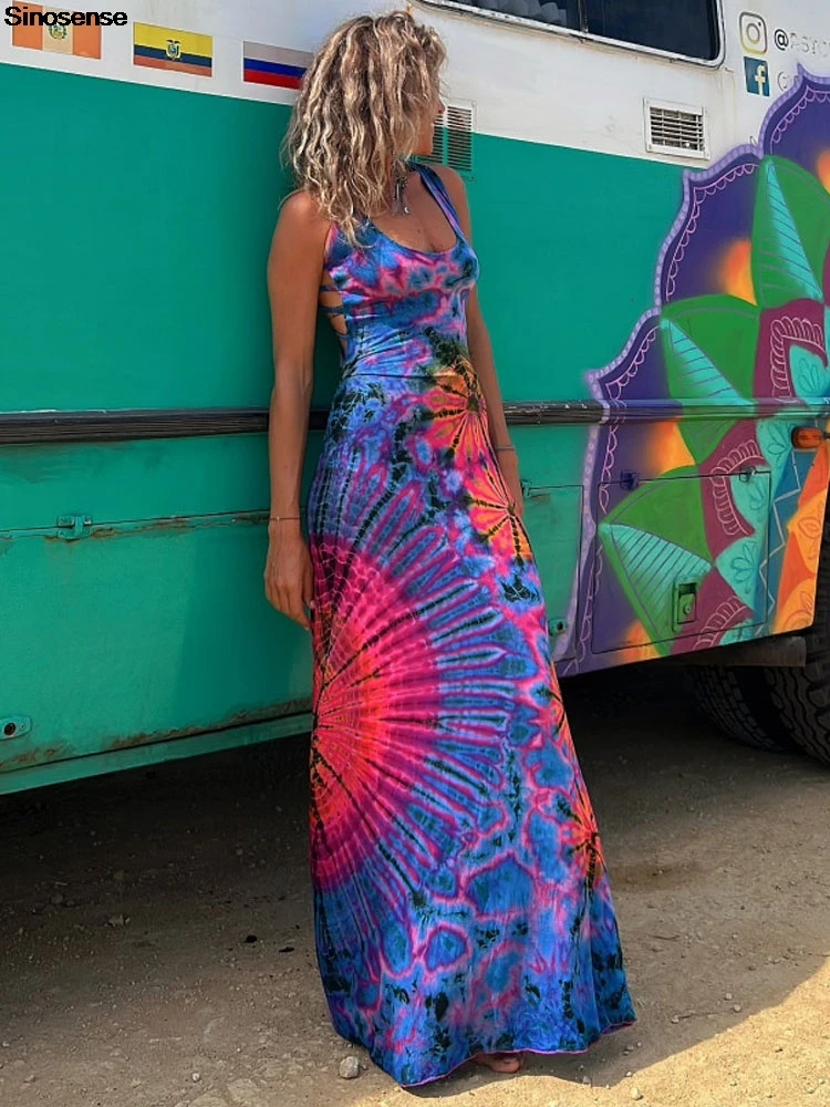 Dames Tie Dye Print Maxi Jurk Sexy Rugloze Criss Cross Terug Zomer Boho Strand Roeping Flowy Jurk Elegante Partij Formele Jurk