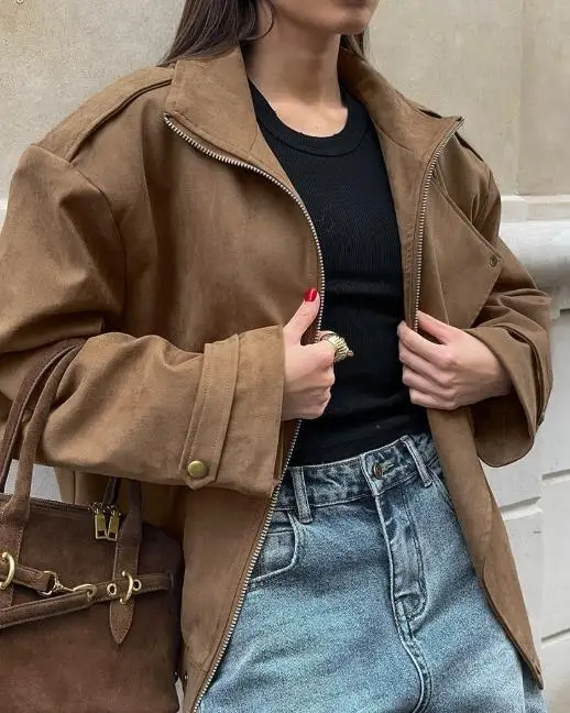 

Autumn and Winter New Brown Loose Retro Fashion Casual Jacket for Women, Flip Collar Fashion High Street Zipper Loose Jacket