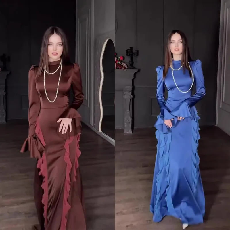 

Elegant Chiffon Patchwork High Waisted Dress Solid Color Semi High Neck Lace Up Long Sleeved Dress Fashion Ladies' Evening Gown