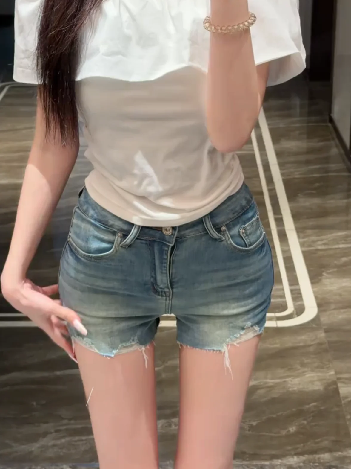 

American Hot Girl Style Faded Pocket Design Plump Hipjeans Shorts Summer Frayed Elastic Versatile A-Line High Waist Hot Pants