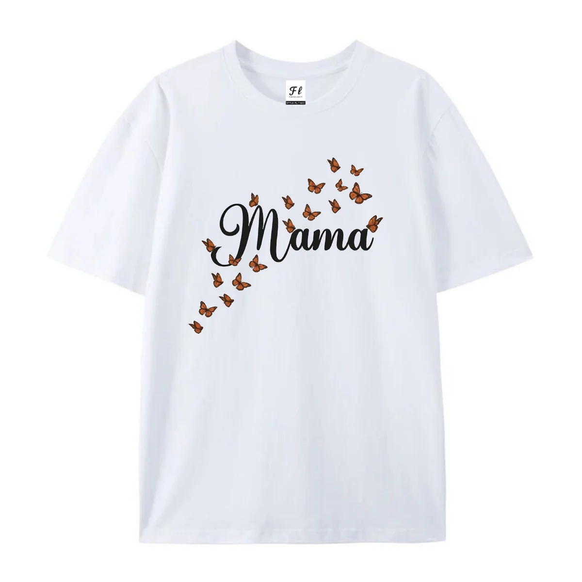 `Mama T‑Shirt Stylized Orange Butterfly Graphic Tee for Women Casual Mother’s Day Gift Short Sleeve Top Fashion Mom Present Tees
