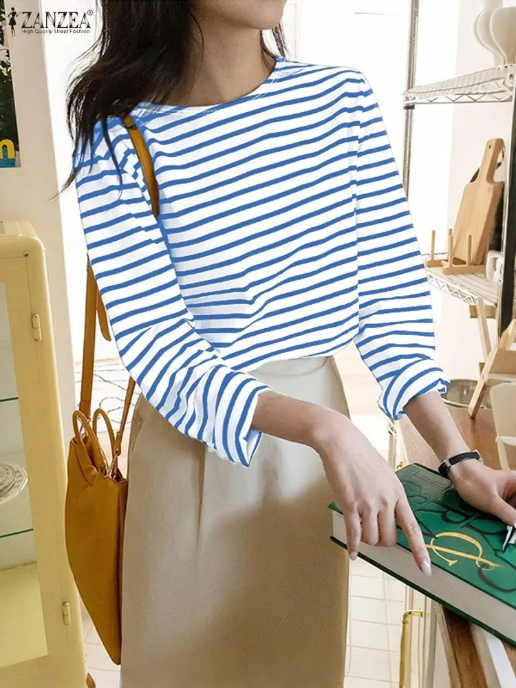 Bluzka w paski ZANZEA damska z okrągłym dekoltem, długi rękaw, luźna, oversize, elegancka koszula do pracy, tunika, jesień 2025
