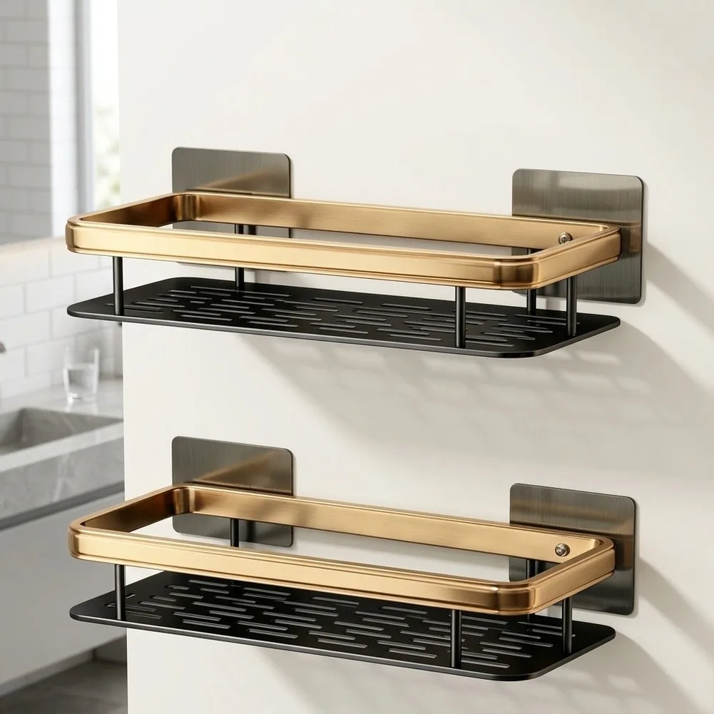 Wall Mounted Triangular Shelf for bathroom For vanity No Drill Setup Space Aluminum 30x13x6cm for Black and Gold Color