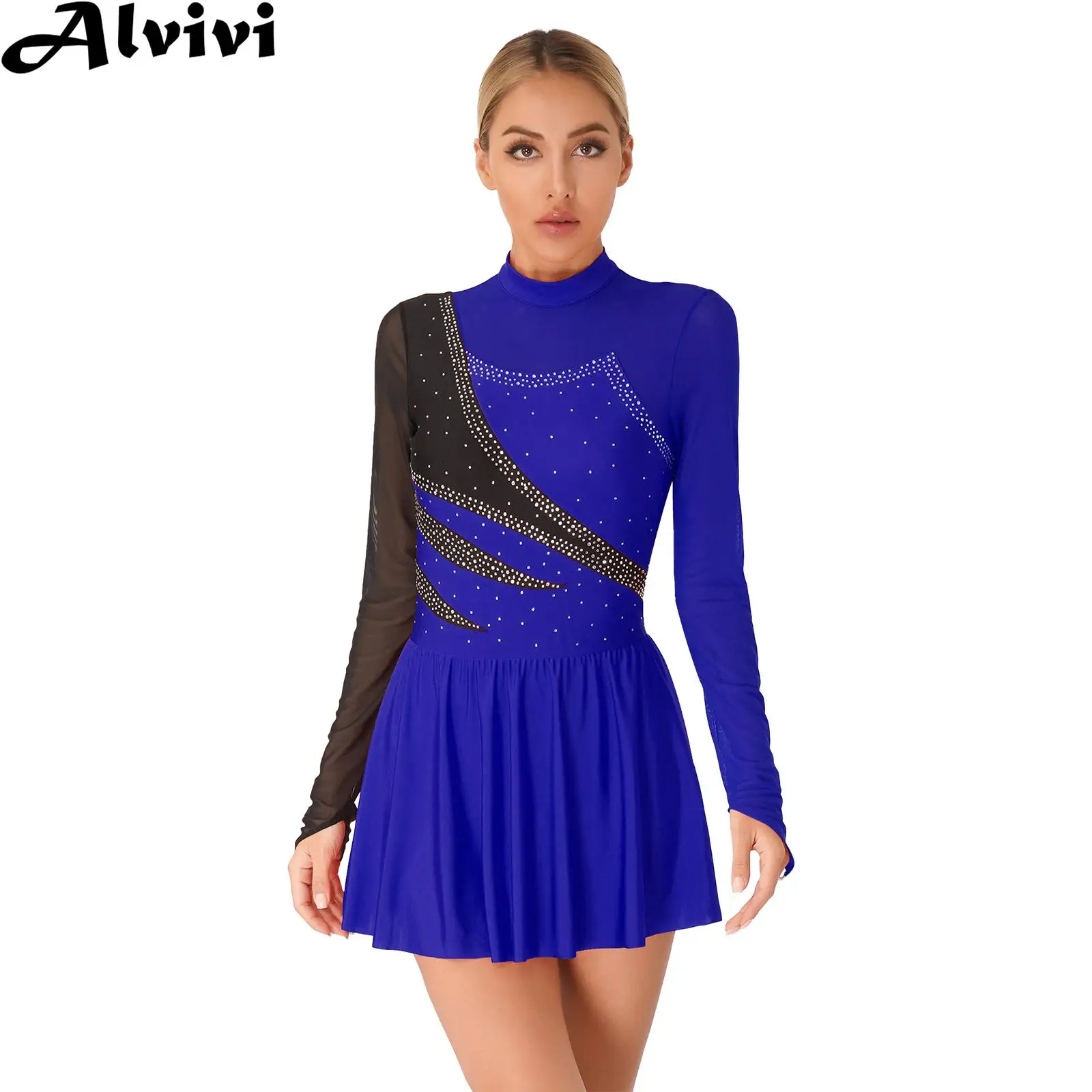 Women Figure Ice Skating Clothes Long Sleeve Rhinestone Sheer Mesh Leotard Dress for Ballet Lyrical Dance Gymnastics Performance