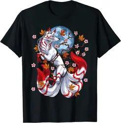 Kitsune Fox Japanese Nine Tailed Fox Cherry Blossom Flowers T-Shirt Size S-2XL