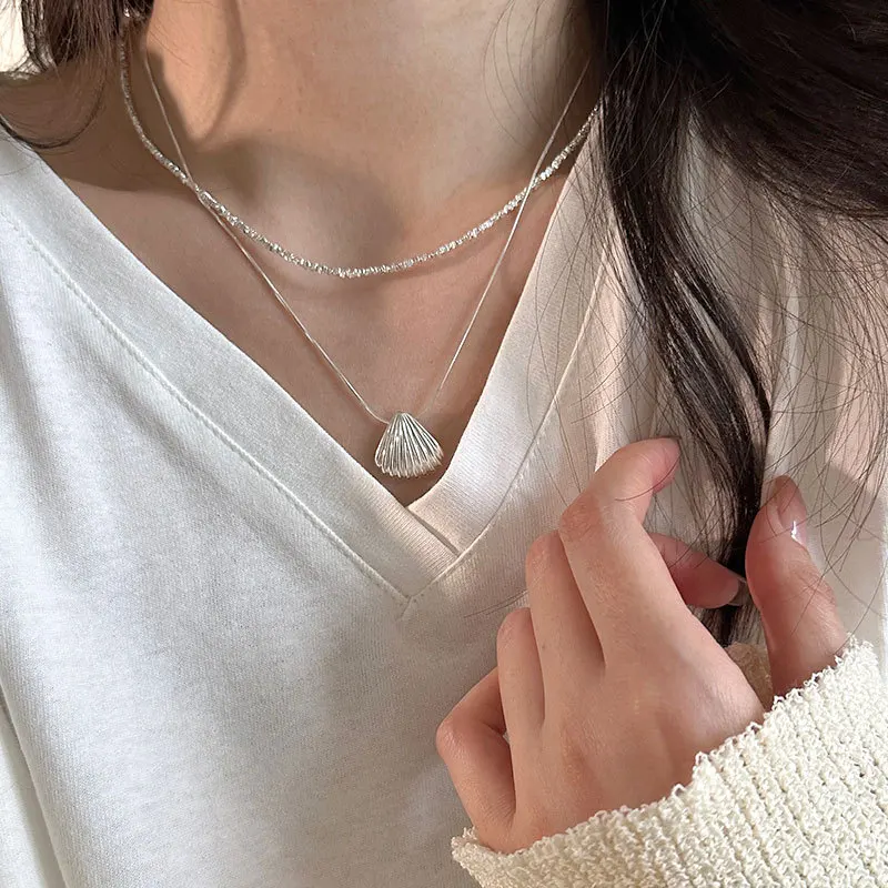 Irregular Small Silver Block Necklace Women's 925 Sterling Silver Combination with Personalized Textured Shell Collar Chain