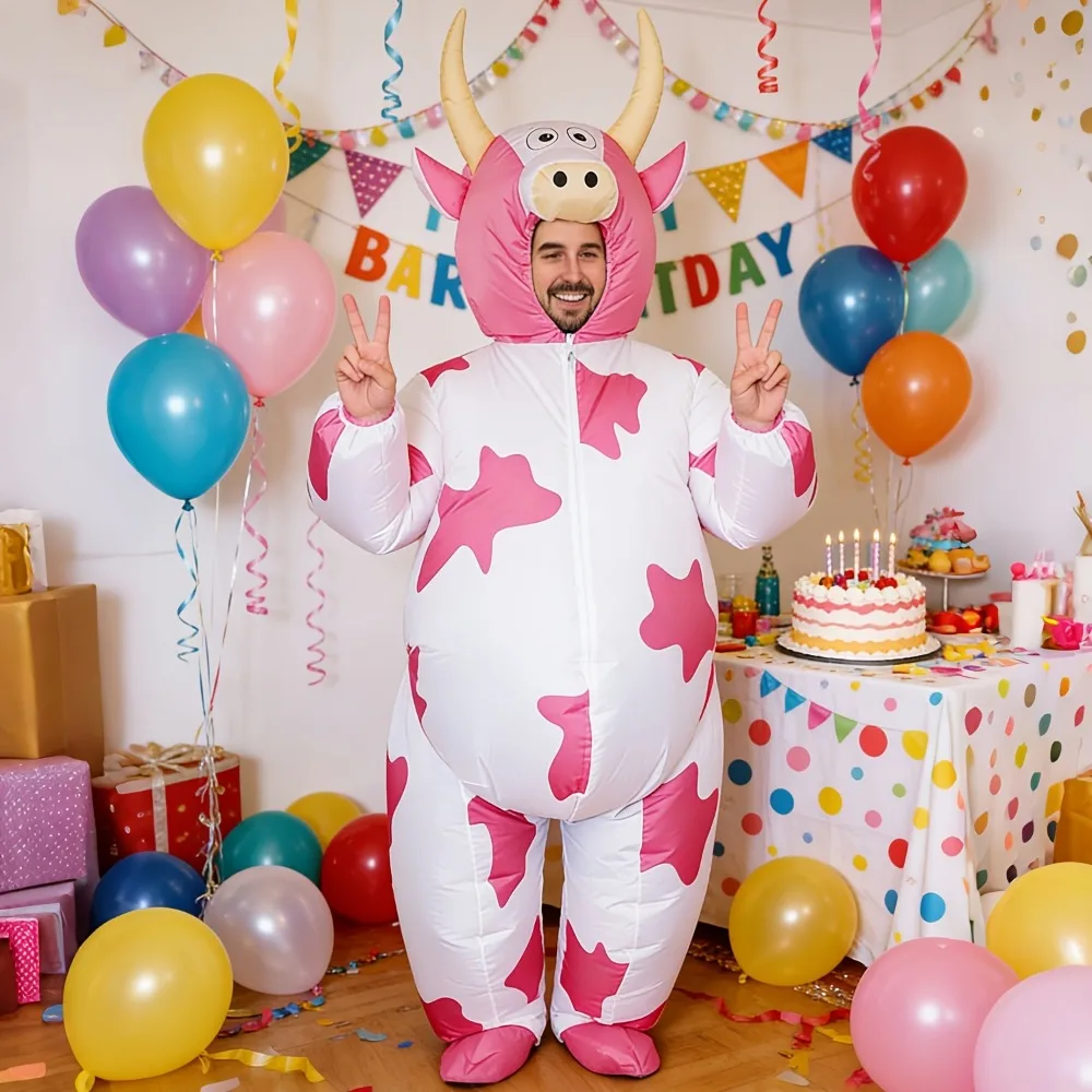 Funny Inflatable Pink Cow Costume, Adult Unisex Animal Suit for Festival Masquerade And Role Play, Battery Not Included