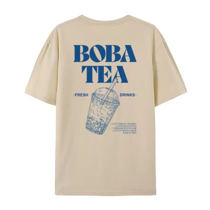 Women Retro Aesthetic Back Print Boba Tea T-Shirt Cute Bubble Tea Graphic Tees Foodie T Shirt Unisex Loose Vintage Fashion Tops