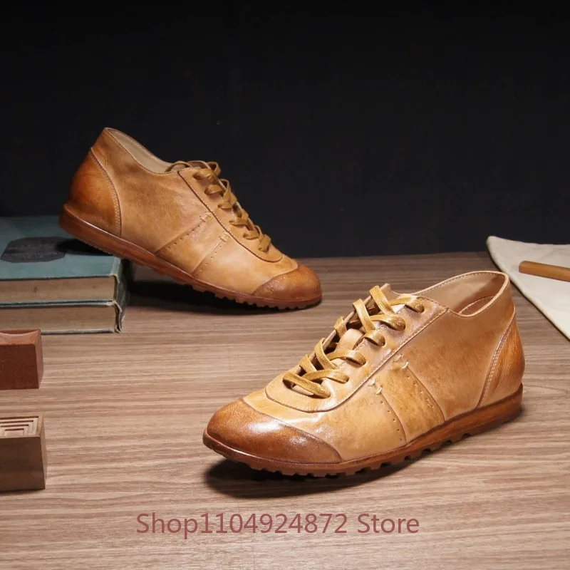 Spring Autumn Casual Leather Shoes Men's Fashion Genuine Leather Handmade Retro Durable Boxing Shoes Male Sport Training Flats