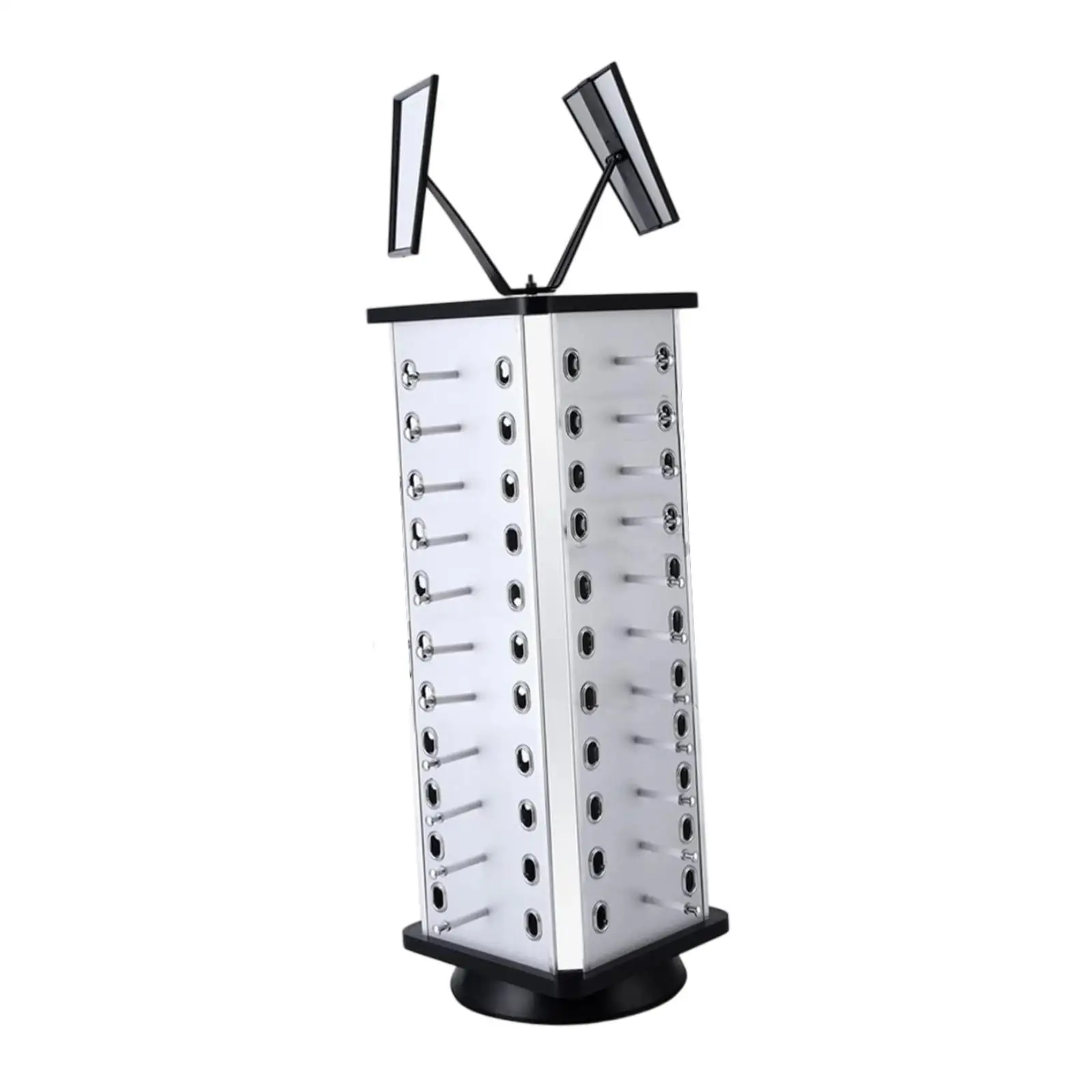 Rotating Eyeglass Display Case Stand Organizer with Adjustable Mirror Aluminum Panel for Home Store Collection