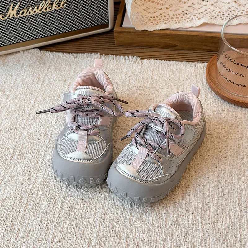Toddler Chunky Outdoor Sneakers Mesh PU Upper Lace‑Up Magic Tape Non‑Slip Rubber Sole Kids Casual Shoes ****