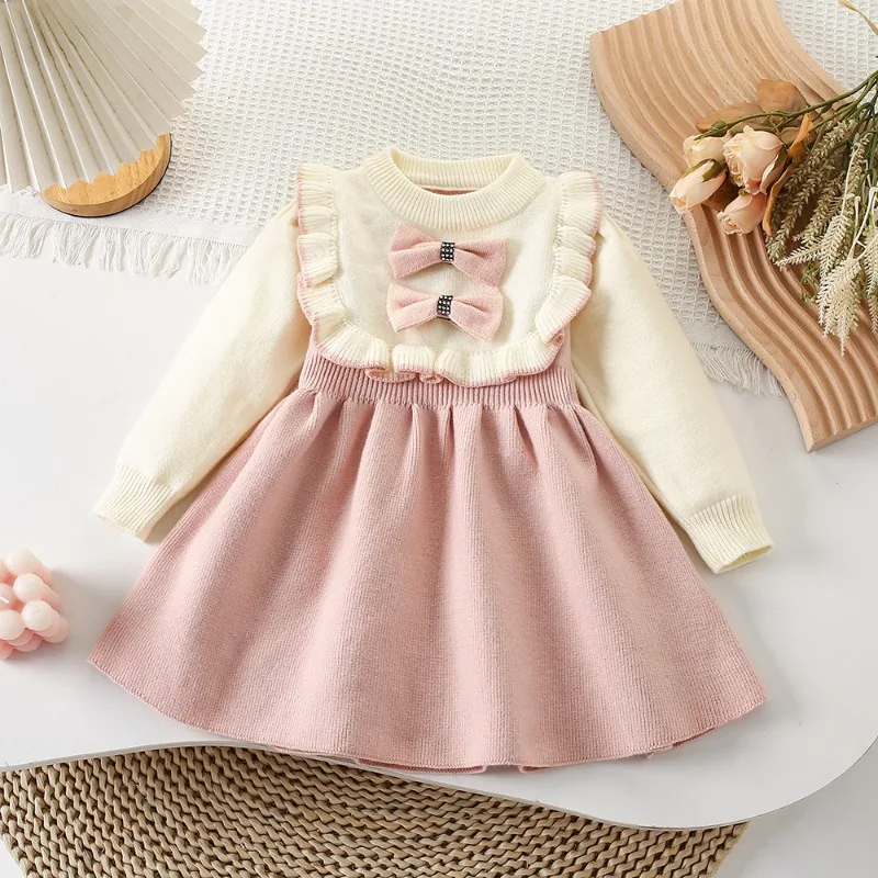 Girls Sweet Red Christmas Party Dress New Year Warm Sweater Dress Kids Clothing Long Sleeve Cute Flower Pink Knitted Dress