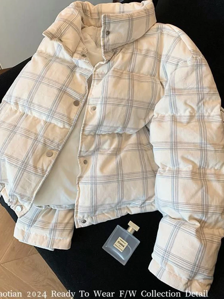 Zoki ريترو سروال قصير منقوش سترات نسائية فضفاضة حلوة كم طويل خمر منتفخ معطف Preppy نمط الشتاء الوقوف طوق سترة الكورية