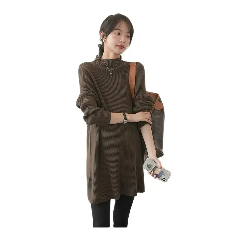 2024 Autumn Pregnancy Sweater Half Turtleneck Long Sleeve Loose Side Split Maternity Knitting Pullovers Fashion Women's Top Tees