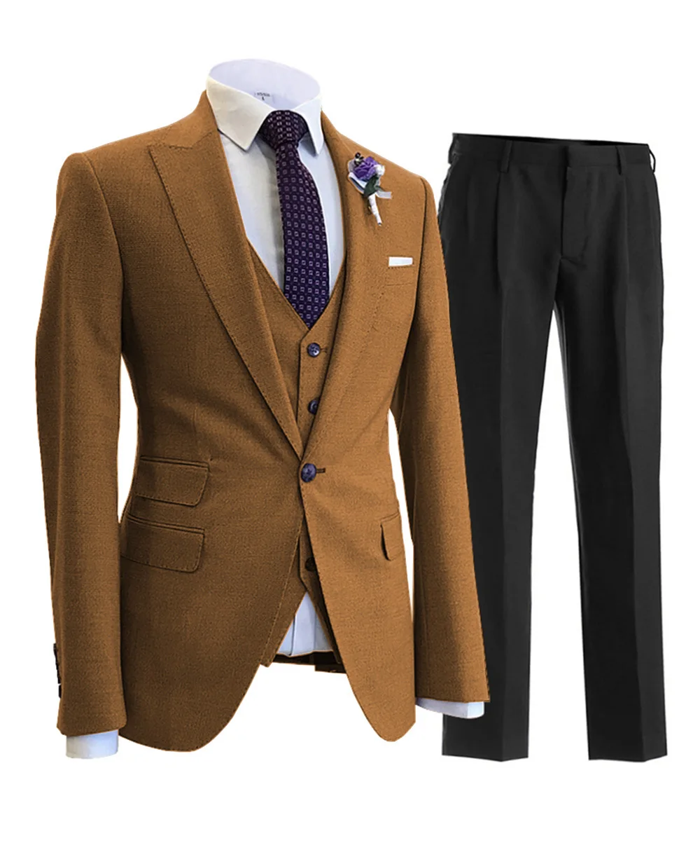 Heren 3-delig pak elegante wol slim fit gekerfde revers party blazer vest broek set (blazer + vest + broek)