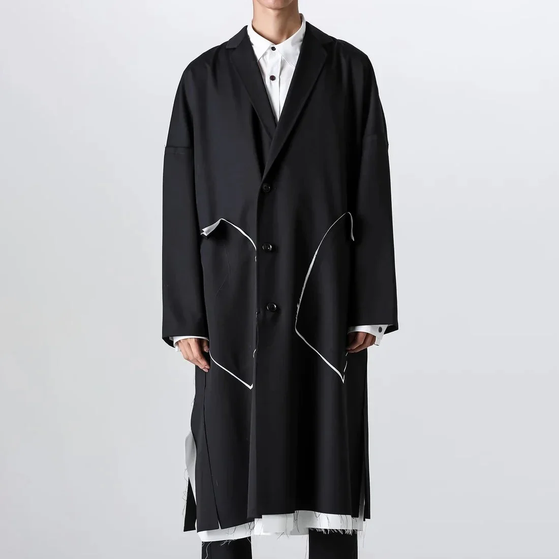 

YOJI OOAK Белый дизайн Тренч для мужчин Свободное японское асимметричное пальто с разрушением и карманами с меховым краем