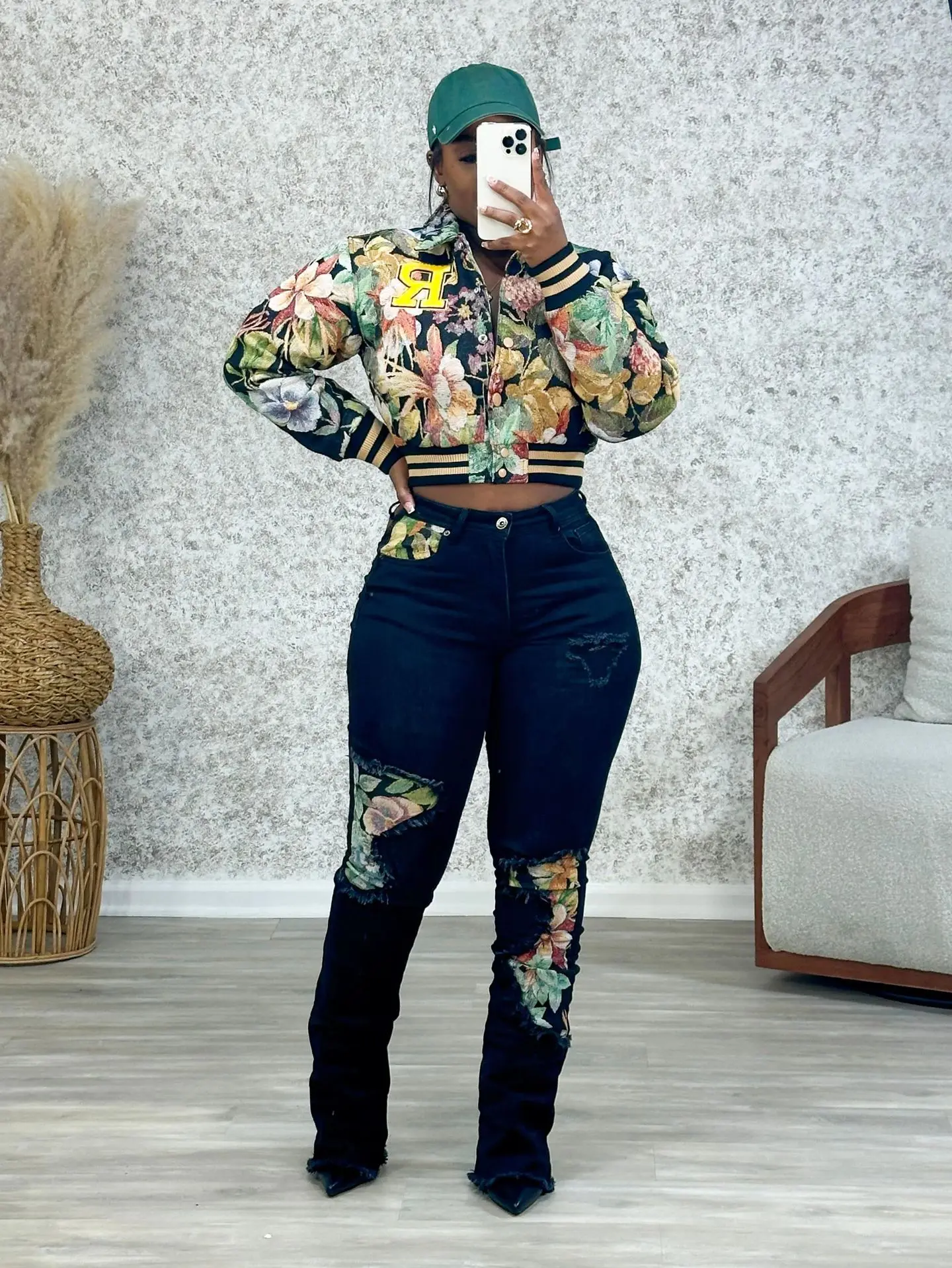 Chaqueta de mujer primavera otoño moda Jacquard manga larga chaqueta corta ajustada ropa de calle señora Casual abrigo corto con estampado de flores