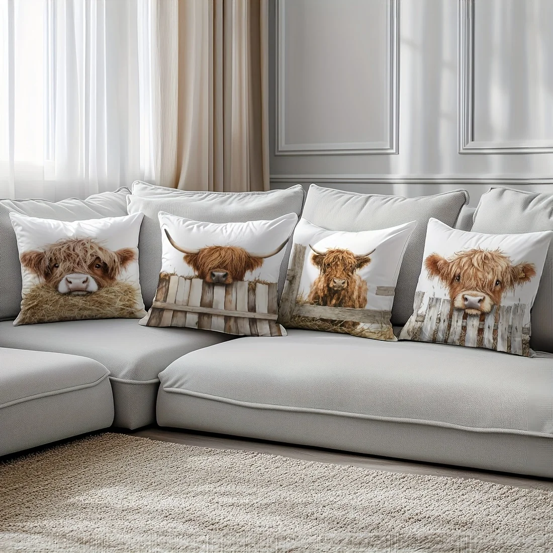 4PCS Digital Print Throw Pillows Highland Cow Wooden Fence Hay Pattern Farmhouse Home Sofa Decor Cushions