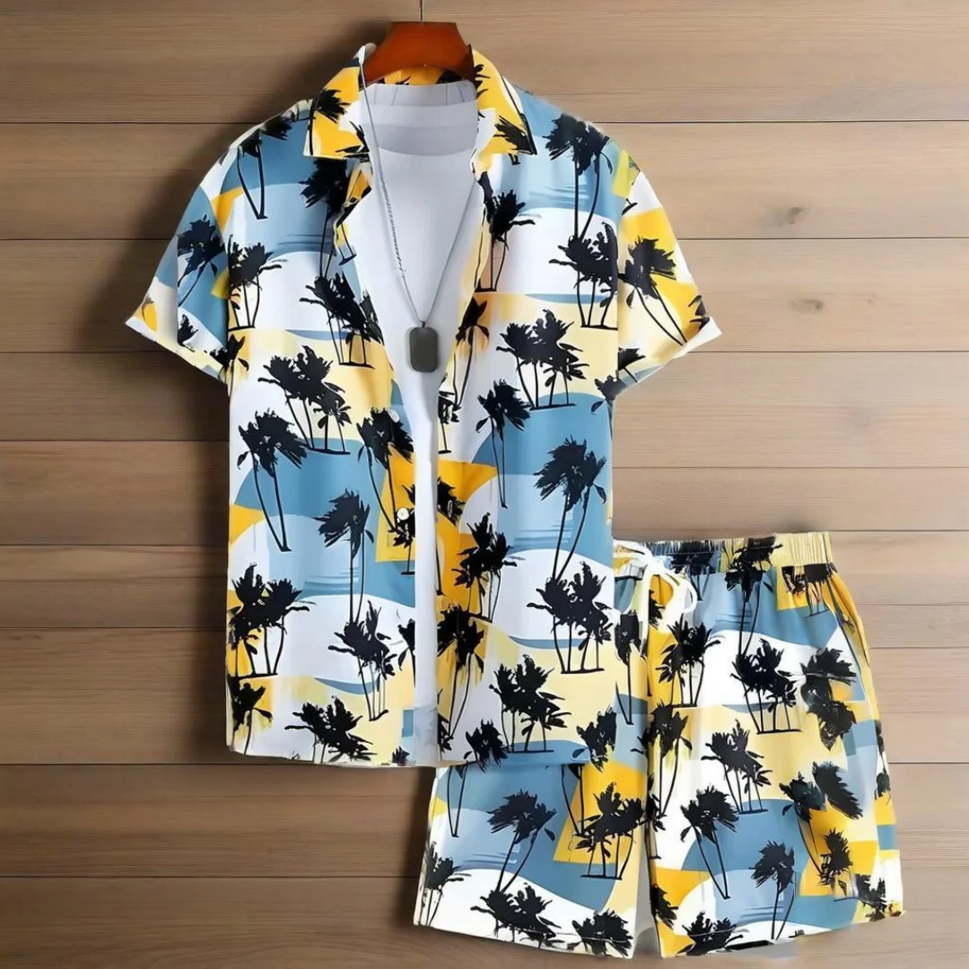 

Summer Men's 2 Piece Suit Hawaiian Short Sleeve Shirt Fashion Beach Pants Tropical Plants Floral Print OverSize Men's Clothing