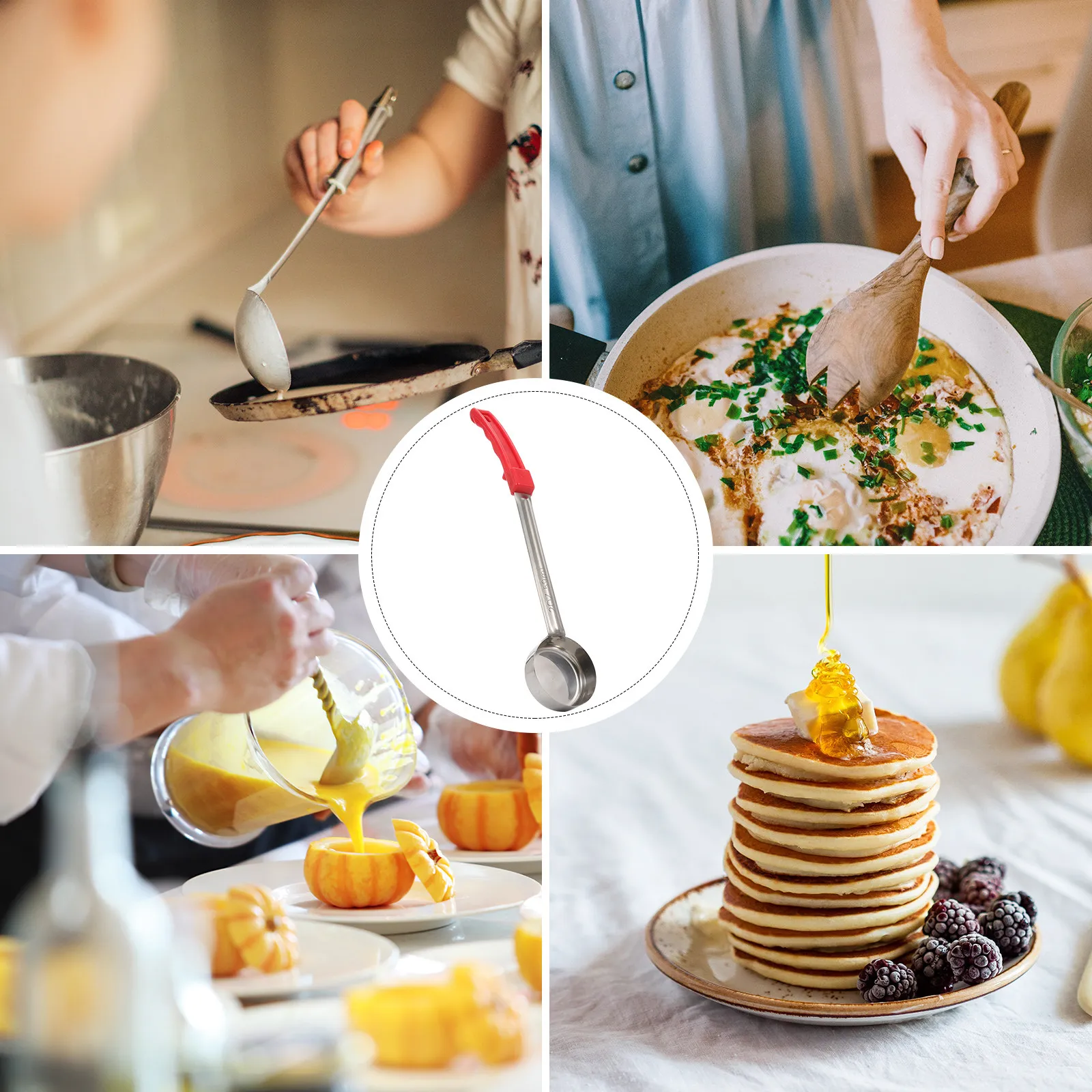 Ergonomic Portion Control Ladles Strong Metal Sauce Spoon with Reinforced Plastic Handle Easy Clean Dishwasher Safe Kitchen
