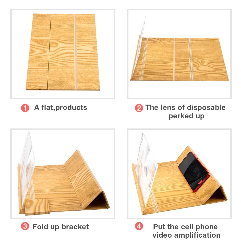Lupa de pantalla de teléfono móvil 3D de 12 pulgadas, amplificador estereoscópico de pantalla plegable HD 3X, lupa con soporte de madera para teléfono inteligente