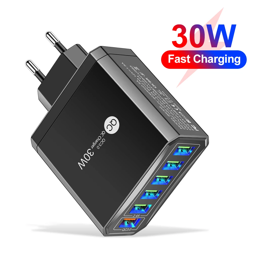 

30W 6USB QC3.0 Fast Charger Mobile Phone High Speed Charger Travel Adapter EU/US/UK/KR Plug For iPhone 16 Xiaomi Samsung Huawei