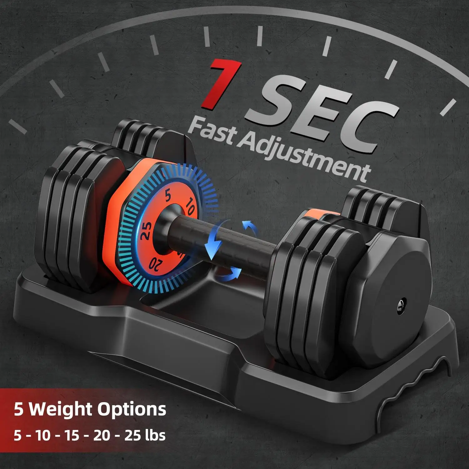 دمبل فردي 25 رطل سريع التغيير قابل للتعديل 5 في 1، مقبض مضاد للانزلاق، موفر للمساحة، أوزان الصالة الرياضية المنزلية لتمرين الجسم بالكامل