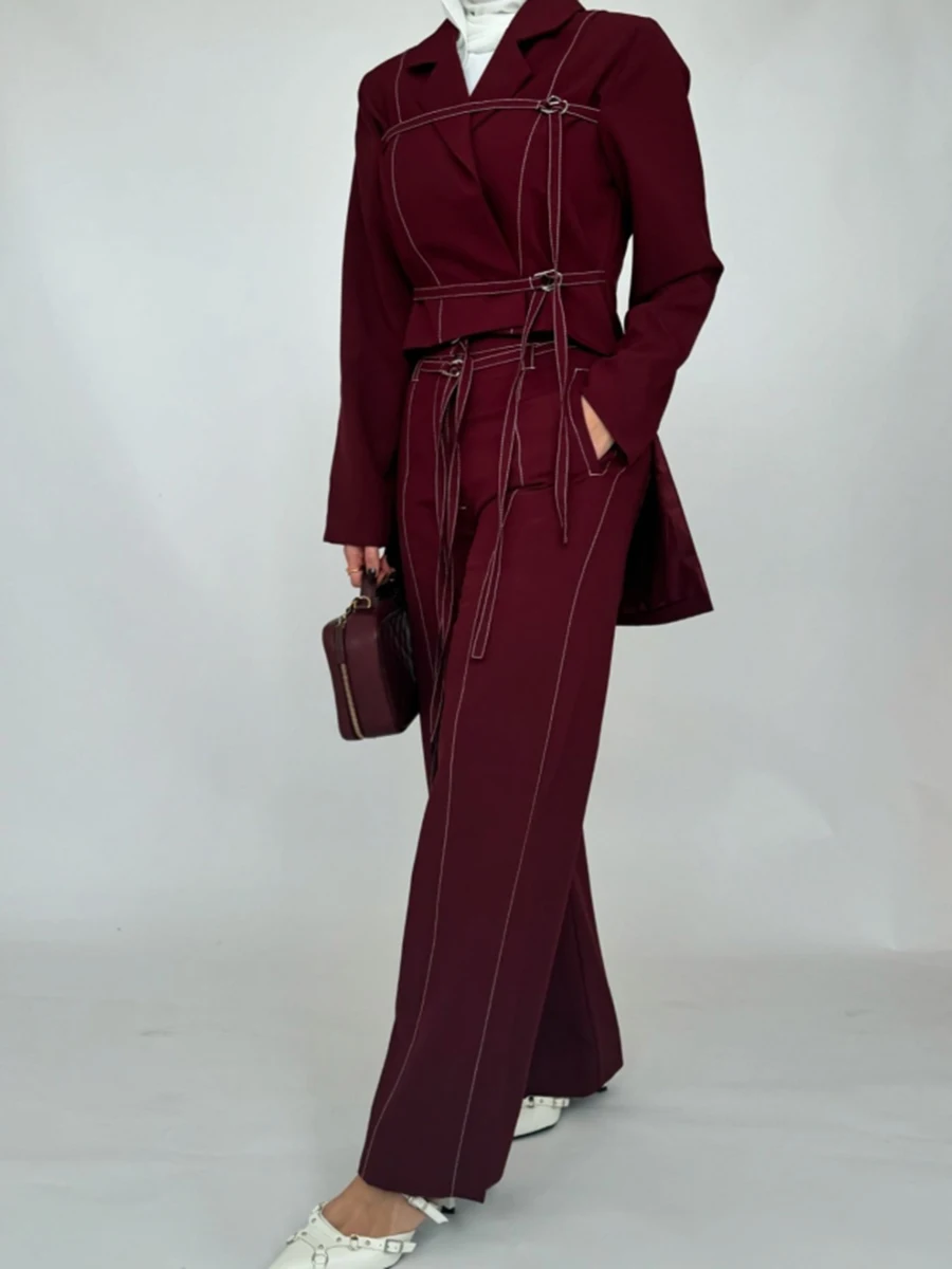 TWOTWINSTYLE Burgundy Two Piece Set For Women Notched Collar Long Sleeve Top High Waist Straight Pant Temperament Sets Female