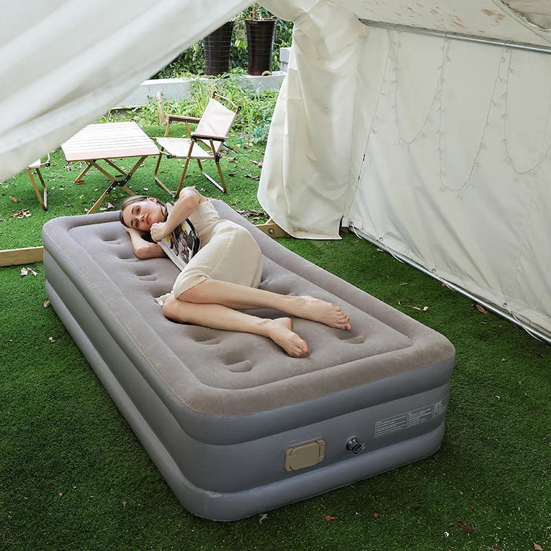 ポータブル折りたたみ式エアベッド内蔵電動ポンプ防湿フロッキング表面シングル-ダブルサイズ屋外キャンプマットレス